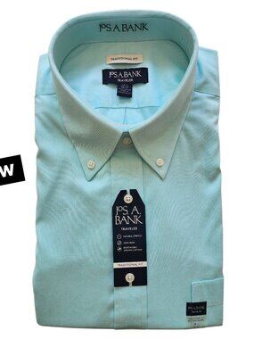 18.5 36/37 Dress Shirt Light Aqua Blue Traditional Fit New Mens Traveler Cotton